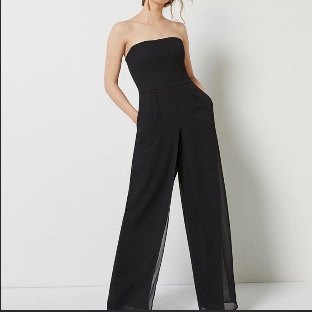 Xscape strapless jumpsuit 2 petite black with sheer overlay